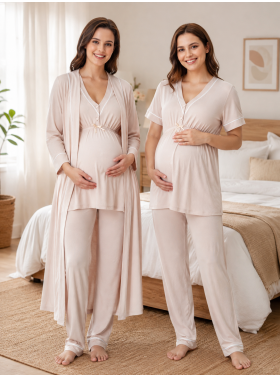 Effortt 5094 Bej Biye Detaylı Sabahlıklı Lohusa Pijama Takımı